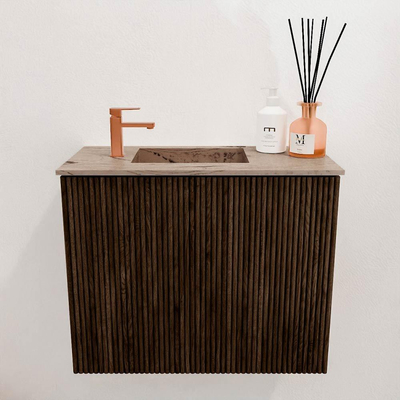 Mondiaz JOYA-DLUX 50cm toiletmeubel - kleur Walnut - Wastafel FAYE positie Links 1 kraangat kleur Arena.