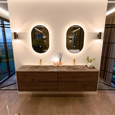 Mondiaz CIRO-DLUX Badkamermeubelset - 190x45x50cm - Solid surface wastafel Oza - 2 wasbak Dubbel - 2 kraangaten - 4 lades - Dusk