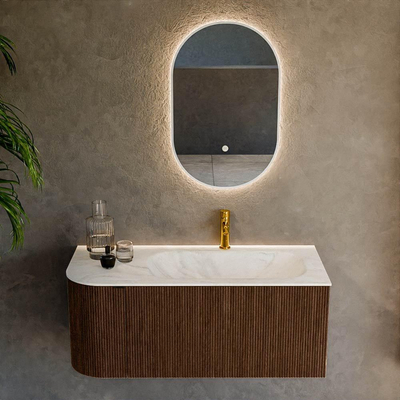 MONDIAZ KURVE-DLUX 105cm badmeubel met module 25 L kleur Walnut met 1 lade en 1 deur. Wastafel BIG SMALL rechts 1 kraangat kleur Ostra.