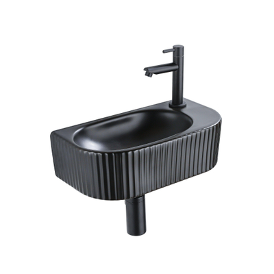 Fugaflow Efficiente Pietra Ensemble lave-mains - 40x21.5x12cm - droite - rainuré - demi-rond - 1 trou de robinet - céramique - robinet de lave-mains noir mat - bonde - siphon abaissé - noir mat