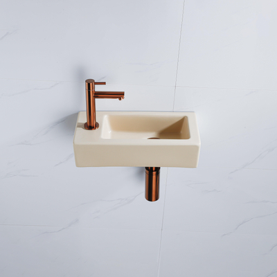 QeramiQ Lave-mains Kit lave-mains - 37.5x18.5x9cm - céramique - trou de robinet gauche - robinet lave-mains en cuivre brossé - bonde de vidage - siphon abaissé - Mat Beige