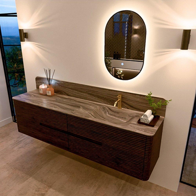 Mondiaz CIRO-DLUX Ensemble de meubles de salle de bains - 190x45x50cm - Plan vasque solid surface Sombra - 1 lavabo à droite - 1 trou de robinet - 4 tiroirs - Noyer