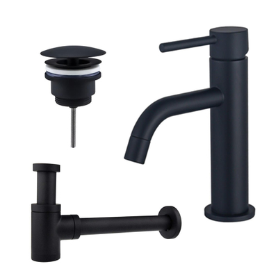 FugaFlow Eccelente Sobrado Slim Slim Kit mitigeur lavabo - robinet bas - bonde non-obturable - siphon design bas - Noir mat