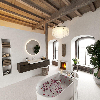 MONDIAZ BUKLA meuble de salle de bain 160cm avec module 40 couleur Marron Foncé avec 3 tiroirs. Lavabo CLOUD centre 1 trou de robinet couleur Talc.