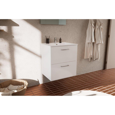 Nemo Go Ensemble de meuble - 60x65x45.5cm - 2 tiroirs - avec poignée - 1 vasque Blanc brillant - 1 trous de robinet - avec miroir - MDF standard white