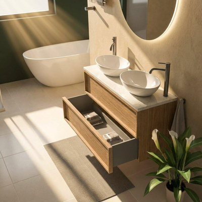 Saniclass Holz Frame Ensemble meuble de salle de bains - 120x45x63cm - Plan vasque en marbre Dia poli (blanc) - 2 trous de robinetterie - 2 tiroirs - chêne natural mat (bois)