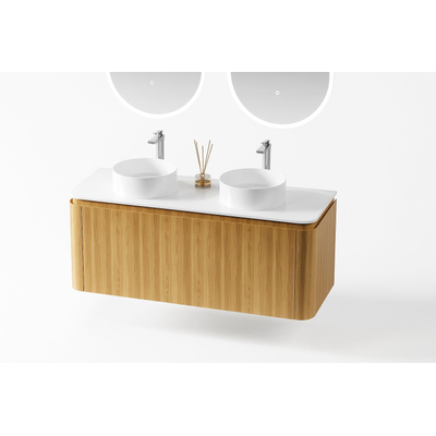 Royal Plaza Terra Wastafelonderkast 120cm 2 lades afgeronde hoeken sandwood licht eiken met slid surface topblad en 2 solid suface waskommen 56x32x15.5cm SHOWROOMMODEL