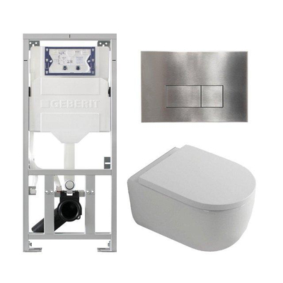 QeramiQ Dely Swirl Toiletset - 36.3x51.7cm - Geberit UP320 inbouwreservoir - met Burda frame - 35mm zitting - steel bedieningsplaat - rechthoekige knoppen - wit glans