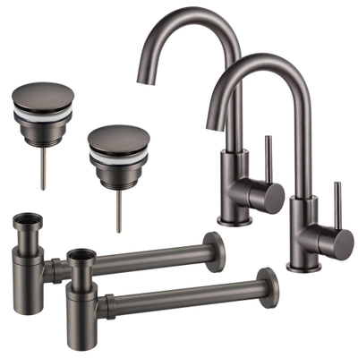 FugaFlow Eccelente Sobrado Badkamer Wastafelkraanset - voor dubbele wastafel - hoge wastafelkraan - draaibare uitloop - klikwaste plug - verlaagde design sifon - PVD Gepolijst Gunmetal -