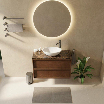 Saniclass Holz Frame Ensemble de meubles de salle de bains - 100x45x63cm - Plan de toilette en pierre naturelle Noche dark emperador - 1 trou de robinetterie - 2 tiroirs - walnut pure mat (bois)