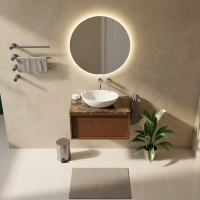 Saniclass Holz Frame Ensemble meuble de salle de bains - 80x45x43cm - Plan de travail en pierre naturelle Noche dark emperador - sans trou de robinet - 1 tiroir - walnut pure mat (bois)