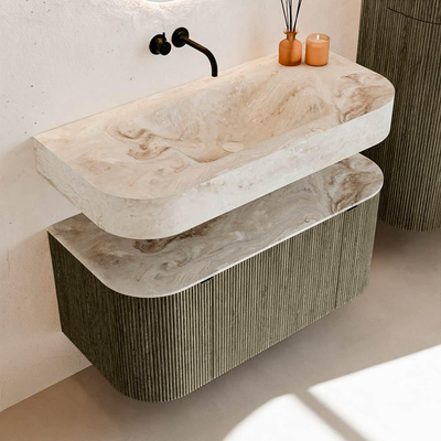 MONDIAZ THOR-DLUX 100cm meuble de salle de bains arrondi gauche + droite couleur Shadow avec 1 tiroir et 2 portes. Vasque suspendue CLOUD Milieu sans trou de robinet couleur Frappe.