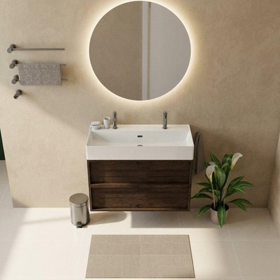 Saniclass Holz Frame Ensemble meuble de salle de bains - 100x45x72cm - lavabo Legend en céramique blanc mat - 1 vasque - 2 trous de robinetterie - 2 tiroirs - chêne charcoal mat (bois)