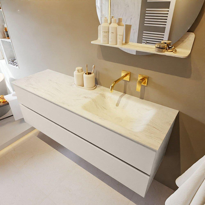 Mondiaz VICA-DLUX ensemble de meuble de salle de bain - 150cm - meuble sous lavabo lin - 2 tiroirs - lavabo encastré nuage droite - sans trous de robinet - version haute de 60cm - opalo