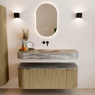 MONDIAZ THOR-DLUX 120cm meuble de salle de bains arrondi gauche + droite couleur Dusk avec 1 tiroir et 2 portes. Vasque suspendue CLOUD Milieu sans trou de robinet couleur Oza.