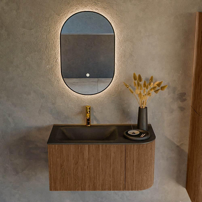 MONDIAZ KURVE 85cm Meuble salle de bain avec module 25 D - couleur Walnut - 1 tiroir - 1 porte - vasque CLOUD gauche - 1 trou de robinet - Urban