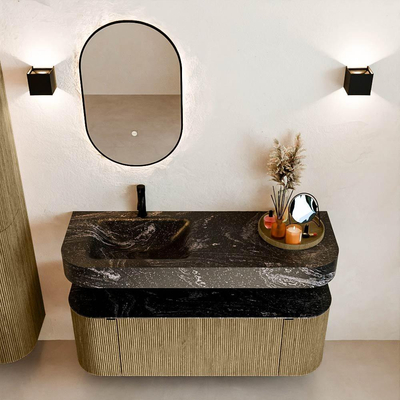 MONDIAZ THOR-DLUX Meuble de salle de bains 130cm arrondi gauche + droite couleur Dusk avec 1 tiroir et 2 portes. Vasque suspendue CLOUD Gauche 1 trou de robinet couleur Lava.