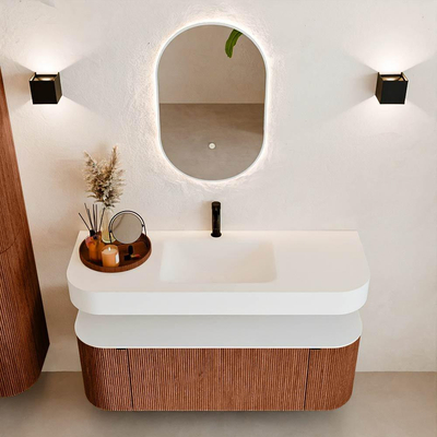 MONDIAZ THOR 130cm meuble de salle de bains arrondi gauche + droite couleur Ruby avec 1 tiroir et 2 portes. Vasque suspendue CLOUD Milieu 1 trou de robinet couleur Talc.