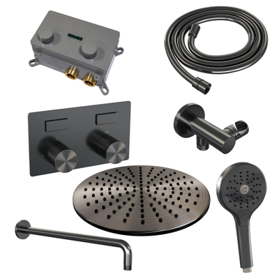 BRAUER Gunmetal Carving inbouw regendoucheset – Ø30 cm hoofddouche – 39.9 cm gebogen wandarm – ronde handdouche – met omstel