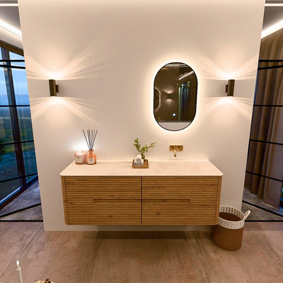 Mondiaz CIRO-DLUX Ensemble de meubles de salle de bains - 150x45x50cm - Plan vasque solid surface Meli - 1 vasque à droite - sans trous de robinet - 4 tiroirs - Chêne