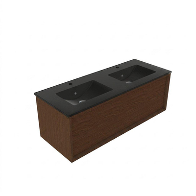 Saniclass Holz Frame Ensemble meuble de salle de bains - 120x45x42cm - Lavabo Vygo en céramique noir - 2 vasques - 2 trous de robinetterie - 1 tiroir - walnut pure mat (bois)