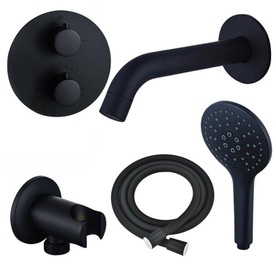 Fortifura Calvi Badkraan set - uitloop - 22cm inkortbaar - rond bedieningspaneel - gladde slang - ronde handdouche - inbouwdeel - wandhouder - mat zwart