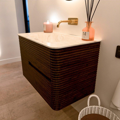 Mondiaz CIRO-DLUX Badkamermeubelset - 80x45x50cm - Solid surface wastafel Ostra - 1 wasbak Midden - zonder kraangaten - 2 lades - Walnut