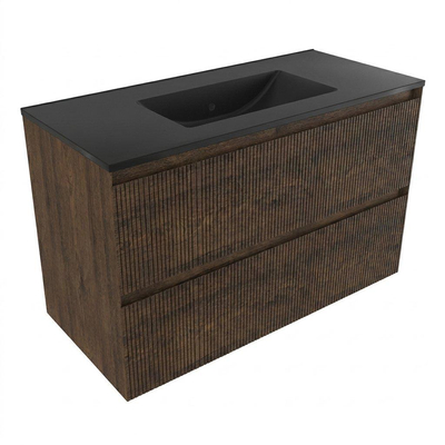 Saniclass Holz Atelier Ensemble meuble de salle de bains - 100x45x62cm - Vygo lavabo en céramique noir - 1 vasque - sans trou de robinet - 2 tiroirs - chêne charcoal mat (bois)