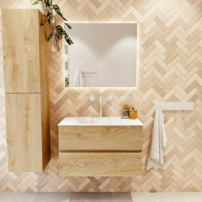 MONDIAZ VICA meuble sous lavabo 80cm Chêne blanchi 2 tiroirs. Lavabo CLOUD centre 1 trou de robinet, couleur Talc.