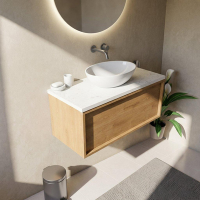 Saniclass Holz Frame Ensemble meuble de salle de bains - 100x45x43cm - Plan vasque en marbre Dia poli (blanc) - sans trou de robinet - 1 tiroir - chêne natural mat (bois)
