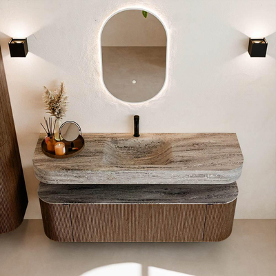 MONDIAZ THOR-DLUX 150cm meuble de salle de bains arrondi gauche + droite couleur Walnut avec 1 tiroir et 2 portes. Vasque suspendue CLOUD Milieu 1 trou de robinet couleur Oza.