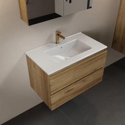 Mondiaz Aivy badmeubelset - 80x45x50cm - 1 kraangat - 1 wasbak talc Keramiek - Midden - 2 lades - Met spiegelkast - Melamine Chai