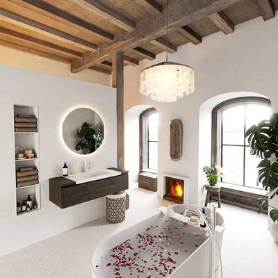 Mondiaz BUKLA Ensemble de meuble - 120x45x34cm - 1 trou de robinet - lavabo centré - solid surface - Talc - sans poignée - 1 tiroir - Mélamine - Marron foncé