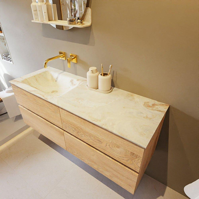 MONDIAZ VICA-DLUX Ensemble meuble de salle de bains - 130cm - meuble bas chêne blanchi - 4 tiroirs - lavabo encastré cloud gauche - sans trous de robinet - version haute 60cm - frape