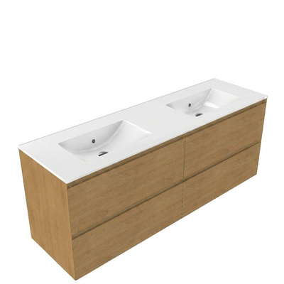 Saniclass Holz Pure Ensemble meuble de salle de bains - 160x45x62cm - Vygo lavabo en céramique blanc - 2 vasques - sans trous de robinetterie - 4 tiroirs - chêne natural mat (bois)