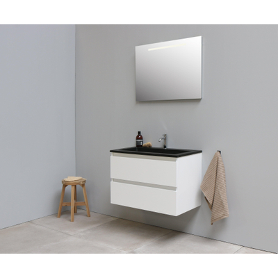 Basic Bella Meuble salle de bains avec lavabo acrylique Noir 80x55x46cm 1 trou de robinet avec miroir et éclairage Blanc brillant