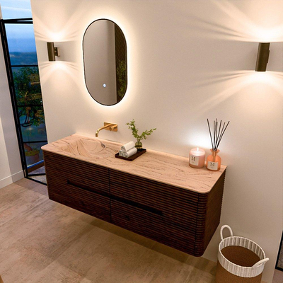 Mondiaz CIRO-DLUX Meuble de salle de bains - 150x45x50cm - Plan vasque solid surface Arena - 1 lavabo à gauche - sans trous de robinetterie - 4 tiroirs - Noyer