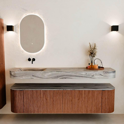 MONDIAZ THOR-DLUX 180cm meuble de salle de bains arrondi gauche + droite couleur Ruby avec 2 tiroirs et 2 portes. Vasque suspendue CLOUD Gauche sans trou de robinet couleur Sombra.