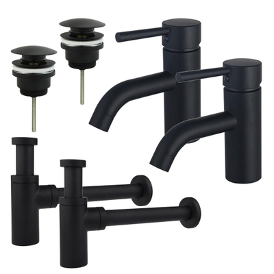 Fortifura Calvi Kit robinet lavabo - pour double vasque - robinet bas - bonde clic clac - siphon design - Noir mat