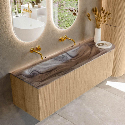 MONDIAZ KURVE-DLUX 145cm badmeubel ronding Rechts kleur Oak met 1 lade en 1 deur. Wastafel BIG LARGE Links zonder kraangat Sombra.