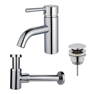 FortiFura Calvi Kit mitigeur lavabo - robinet bas - bonde clic clac - siphon design bas - Chrome brillant