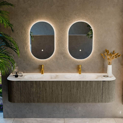 Mondiaz KURVE-DLUX Badkamermeubelset - 190x46x40cm - 2 lade - 2 deuren - wastafel solid surface - dubbel - 2 kraangaten - Shadow