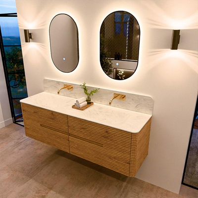 Mondiaz CIRO-DLUX Badkamermeubelset - 160x45x50cm - Solid surface wastafel Opalo - 2 wasbak Dubbel - zonder kraangaten - 4 lades - Oak