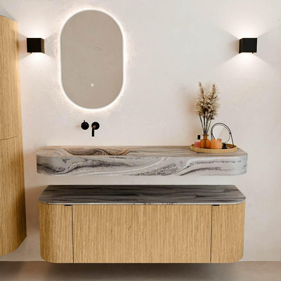 MONDIAZ THOR-DLUX 140cm badmeubel ronding links + rechts kleur Oak met 1 lade en 2 deuren. Vrijhangende wastafel CLOUD Links zonder kraangat kleur Sombra.