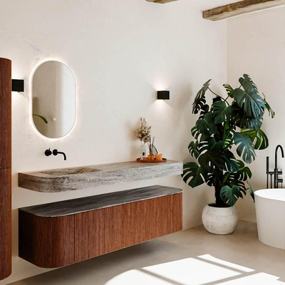 MONDIAZ THOR-DLUX Meuble de salle de bains - 170cm - arrondi gauche + droite - couleur Ruby - 1 tiroir - 2 portes - Vasque suspendue CLOUD Gauche sans trou de robinet - couleur Oza