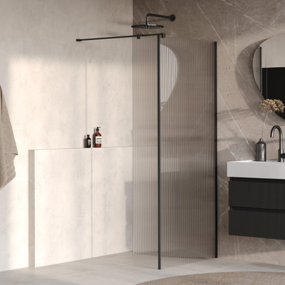 BRAUER Oblivion Inloopdouche - 90x200cm - 30cm zijwand - helder ribbel glas - glascoating - Mat Zwart