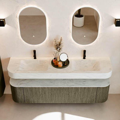 MONDIAZ THOR-DLUX 180cm meuble de salle de bains arrondi gauche + droite couleur Shadow avec 2 tiroirs et 2 portes. Vasque suspendue CLOUD Double 2 trous de robinet couleur Opalo.