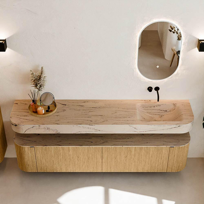 MONDIAZ THOR-DLUX 200cm meuble de salle de bains arrondi gauche + droite couleur Chêne avec 2 tiroirs et 2 portes. Vasque suspendue CLOUD Droite sans trou de robinet couleur Arena.