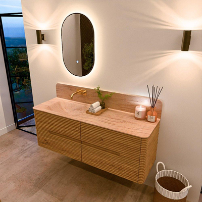 Mondiaz CIRO-DLUX Ensemble de meubles de salle de bains - 140x45x50cm - Plan-vasque en solid surface Saba - 1 lavabo à gauche - sans trous de robinet - 4 tiroirs - Chêne