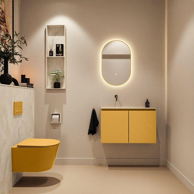 MONDIAZ TURE-DLUX Meuble toilette - 80cm - Ocher - EDEN - vasque Ostra - position gauche - sans trou de robinet